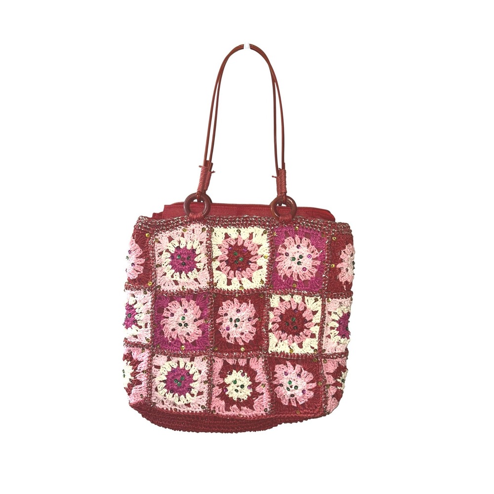 Bohemian Crochet Granny Square Handbag Red Pink White Beaded Wood Handle Accent‎